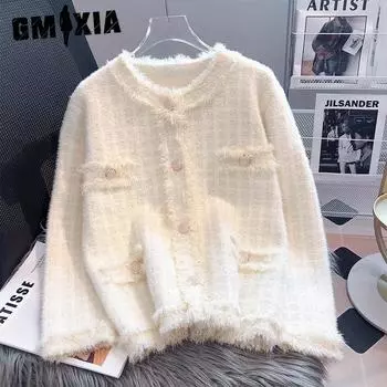 GMXIA Женский свитер-пальто Fragrant Wind Thousand Bird Check, осенне-зимний женский вязаный кардиган с длинным рукавом и бахромой из искусственной норки One size бежевый