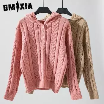 GMXIA Женский свитер с капюшоном, свободный свитер на осень и зиму, однотонный вязаный свитер с переплетением для женщин S розовый