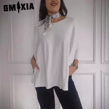 GMXIA Женский свитер с рукавами-семью точками, повседневный топ с круглым вырезом, однотонная свободная футболка со шнуровкой и бретелями S темно-коричневого