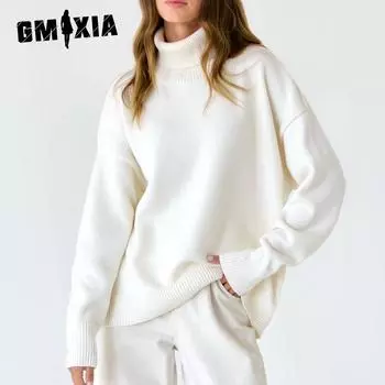 GMXIA Женский свитер с высоким воротником, осенне-зимний свободный свитер, классический универсальный однотонный пуловер, свитер S белый