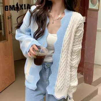 GMXIA Женский свободный свитер-куртка, осенний свободный вязаный кардиган в клетку с цветовым сочетанием One size синий