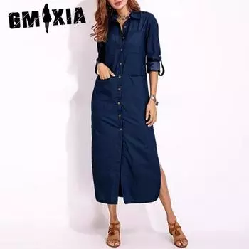 GMXIA Женский темпераментный элегантный модный повседневный длинный рукав рубашка воротник кардиган однотонный длинный джинсовый платья S темно-синий