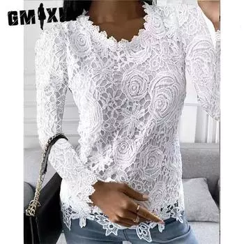 GMXIA Женский топ осень-зима с однотонным принтом и длинными рукавами и круглым вырезом S белый