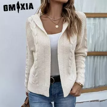 GMXIA Женский трикотаж осень/зима однотонный свитер с капюшоном кардиган пальто S