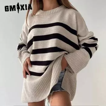 GMXIA Женский трикотаж осень-зима повседневный полосатый свободный свитер с круглым вырезом куртка S верблюд