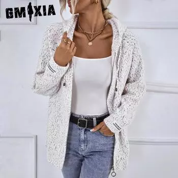 GMXIA Женский трикотаж с капюшоном и застежкой-молнией на шнурок, осенне-зимний свитер, кардиган, пальто S серый