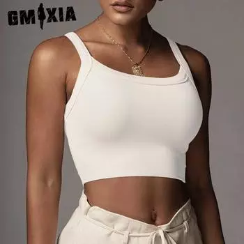 GMXIA Женский трикотажный топ Ins Niche Thread Halter, короткий укороченный жилет с U-образным вырезом S белый
