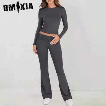 GMXIA Женский весенне-летний повседневный однотонный тонкий трикотажный брючный костюм с длинным рукавом женские костюмы и комплекты S розовый