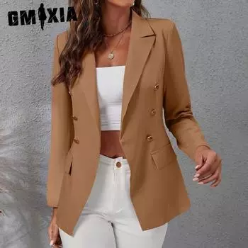 GMXIA Женский винтажный повседневный однотонный принтовый маленький костюм темпераментный повседневный свободный костюм топ весна осень длинные рукава куртки и пальто S