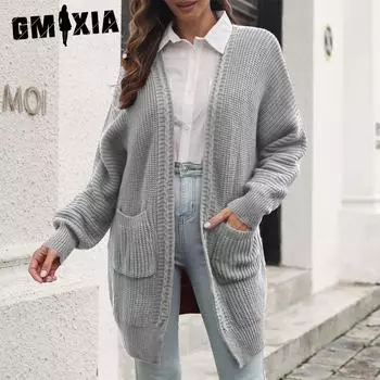 GMXIA женский винтажный повседневный однотонный свитер с длинными рукавами и пальто с принтом на осень и зиму, свитер, пальто S красный