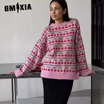 GMXIA женский вишневый джемпер с круглым вырезом, осенний новый вязаный джемпер средней длины в стиле ретро с круглым вырезом вишневого цвета S розовый