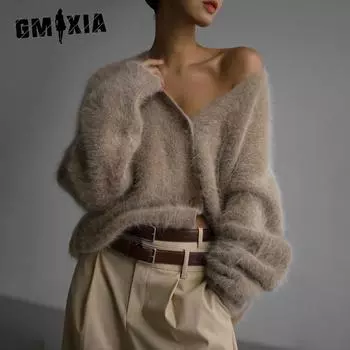 GMXIA Женский вязаный свитер из искусственной норки, кардиган, осенне-зимний ленивый свободный свитер с длинным рукавом и V-образным вырезом, пальто