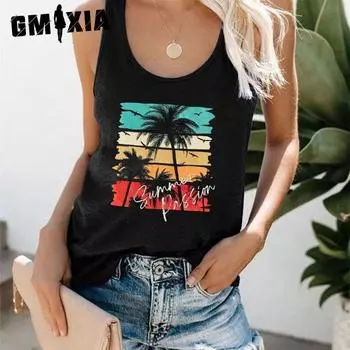 GMXIA Женский жилет без рукавов, пляжная мини-футболка с кокосовым принтом S