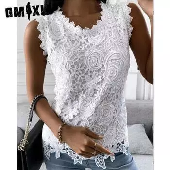 GMXIA Женский жилет без рукавов с круглым вырезом, однотонный, с принтом и кружевом, лето-весна S белый