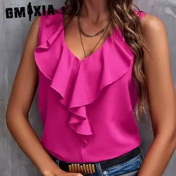 GMXIA Женский жилет с V-образным вырезом и оборками Fresh Sweet без рукавов S чёрный