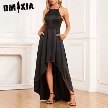 GMXIA женское элегантное плиссированное платье без рукавов с полуподкладкой и тонкими плечами, блестящее платье S чёрный