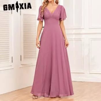 GMXIA Женское элегантное сверкающее яркое платье с двойным v-образным вырезом и короткими рукавами, шифоновое платье трапециевидной формы с полной подкладкой S