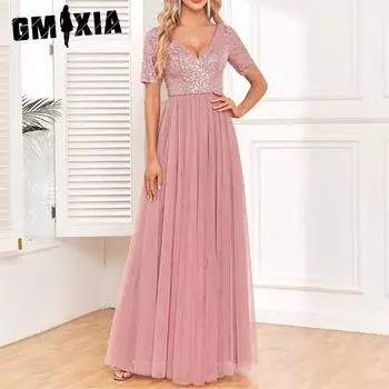 GMXIA женское элегантное вечернее платье с коротким рукавом, двойным V-образным вырезом, фатиновым А-силуэтом и пайетками S