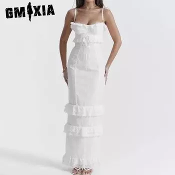 GMXIA Женское белое облегающее платье с бретелью через шею, связанное крючком S белый