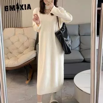GMXIA Женское дизайнерское трикотажное платье с V-образным вырезом, осенне-зимняя мода, внутренняя часть с пальто-свитером One size белый