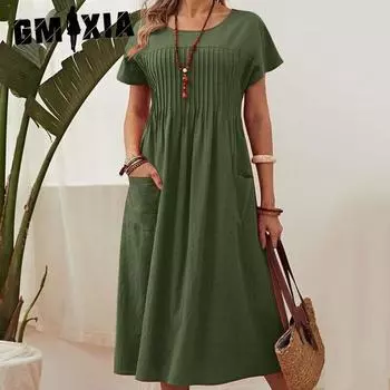 GMXIA Женское длинное однотонное платье из хлопка и льна с коротким рукавом и карманом-оборкой S тёмно-синий