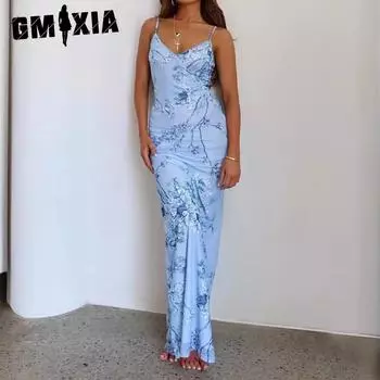 GMXIA Женское длинное платье Holiday Chic Slim Print Design Sense Halter Dress Женское платье S
