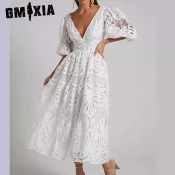 GMXIA Женское длинное платье с V-образным вырезом, кружевной вышивкой, сексуальное платье с завышенной талией S розы красного