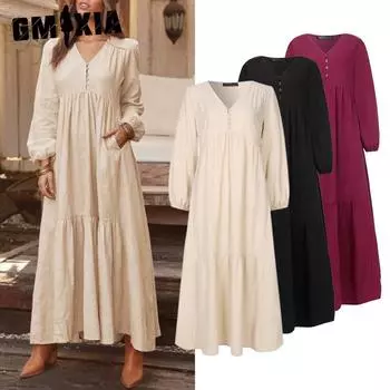 GMXIA Женское хлопковое платье макси с длинным рукавом, карманом с оборкой и V-образным вырезом S чёрный
