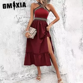 GMXIA Женское летнее элегантное платье с высокой талией и бретельками через шею S чёрный