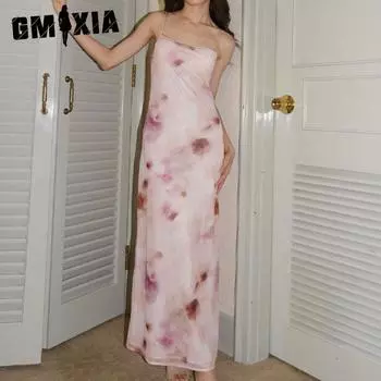 GMXIA Женское летнее легкое платье без рукавов с открытой спиной и длинным принтом через шею S разноцветный