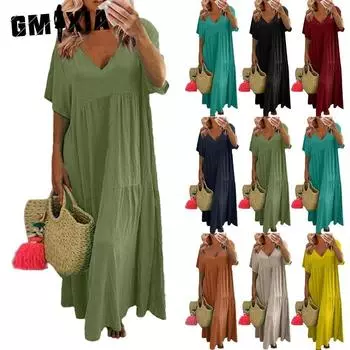 GMXIA Женское летнее модное однотонное платье с V-образным вырезом больших размеров, свободное длинное повседневное платье с коротким рукавом S чёрный