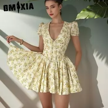 GMXIA Женское летнее модное платье First Love с цветочным принтом, рукавами-фонариками и V-образным вырезом, облегающее платье в стиле ретро с юбкой Peng Peng S жёлтый
