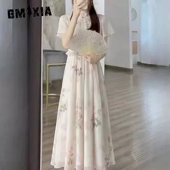 GMXIA Женское летнее нежное ветровое цветочное платье Женский темперамент Новое длинное платье Платья S розовый