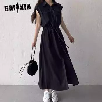 GMXIA Женское летнее новое повседневное платье без рукавов с карманами без рукавов средней длины с воротником-поло, платья-рубашки большого размера S серо голубой