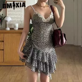 GMXIA женское летнее платье с леопардовым принтом и глубоким вырезом, сетчатое платье с бретельками на бретелях и фланцами S чёрный