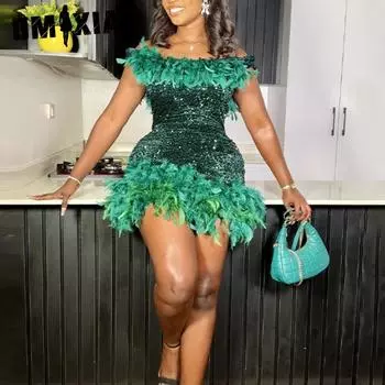 GMXIA женское летнее пляжное платье с открытой спиной и пайетками, платье с перьями и запахом на бедрах S чёрный