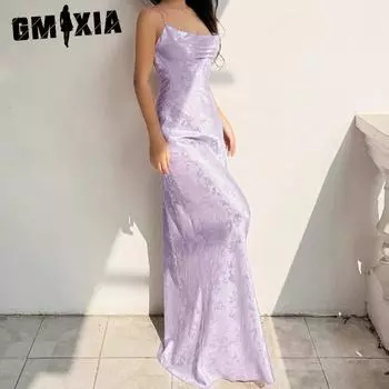 GMXIA женское летнее сексуальное атласное платье с воротником-стойкой и лямкой на шее S фиолетовый