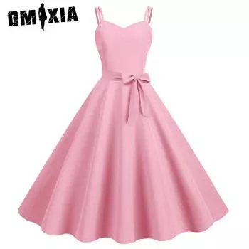 GMXIA Женское летнее сексуальное однотонное платье с лямкой на шее в стиле ретро S розовый