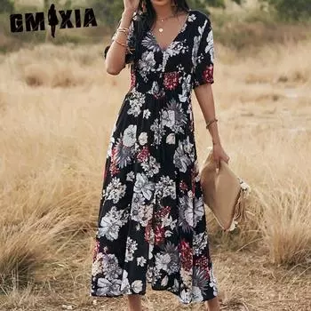 GMXIA Женское летнее сексуальное платье с принтом, утягивающее талию S жёлтый