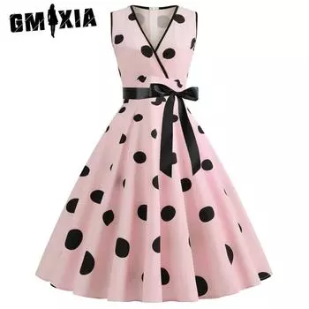 GMXIA женское летнее свободное платье в стиле ретро без рукавов с v-образным вырезом и шнуровкой в горошек S розовый