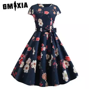 GMXIA Женское летнее винтажное платье-трапеция с круглым вырезом, рукавами на талии и принтом S белый