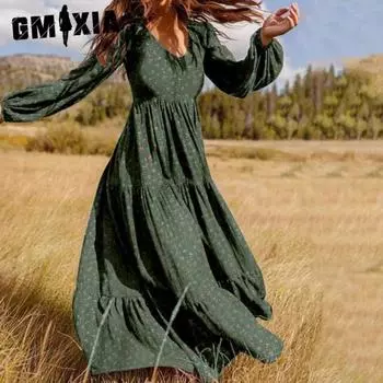 GMXIA Женское мини-платье макси с оборками и цветочным принтом, повседневные платья с длинным рукавом и V-образным вырезом M зелёный