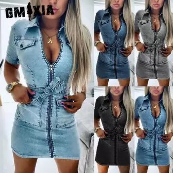 GMXIA Женское модное джинсовое платье с коротким рукавом на молнии, лето-весна S чёрный