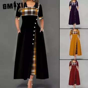GMXIA Женское модное повседневное платье макси с коротким рукавом и круглым вырезом в клетку с принтом на пуговицах больших размеров S чёрный