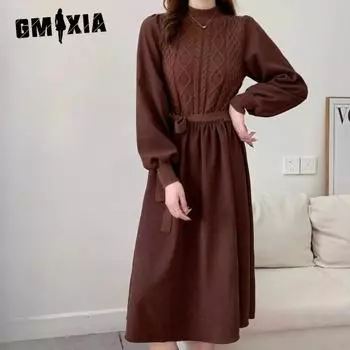 GMXIA Женское модное вязаное платье с разрезом на осень и зиму с рукавами-фонариками и тонкой талией, с юбкой-свитером One size абрикосовый