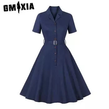 GMXIA Женское однобортное платье с воротником-стойкой и винтажной талией, однотонное платье S тёмно-синий