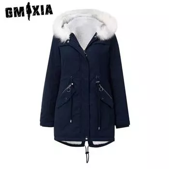 GMXIA Женское однотонное длинное термофлисовое пальто с капюшоном и меховым воротником для хлопкового утеплителя с длинным рукавом, осенне-зимние куртки и пальто M розовый