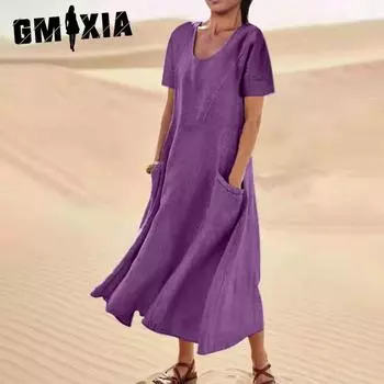 GMXIA Женское однотонное хлопковое льняное платье с круглым вырезом и коротким рукавом, длинное свободное платье-маятник S чёрный