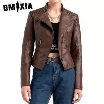 GMXIA Женское однотонное кожаное платье с принтом на весну и осень, женская короткая куртка, облегающая куртка с длинным рукавом и воротником-поло, куртки и пальто S чёрный