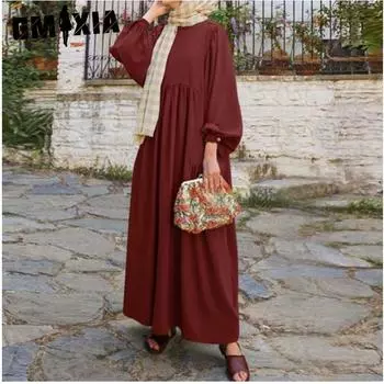 GMXIA Женское однотонное платье с круглым вырезом и рукавами-фонариками, свободное, повседневное, модное женское платье S красный